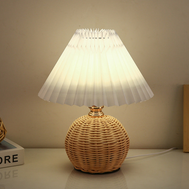 Pleated Fabric Conic LED 1-Light Nordic Rattan Table Lamp