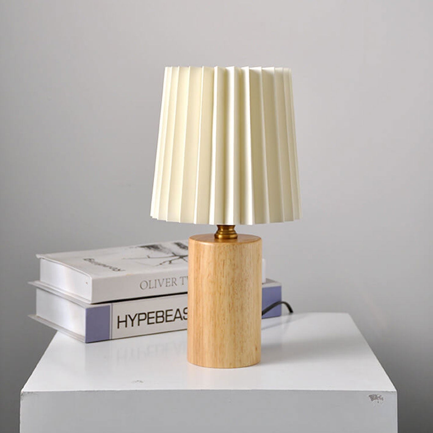 Vintage 1-Light Korean Pleated Fabric Cylinder LED Table Lamp