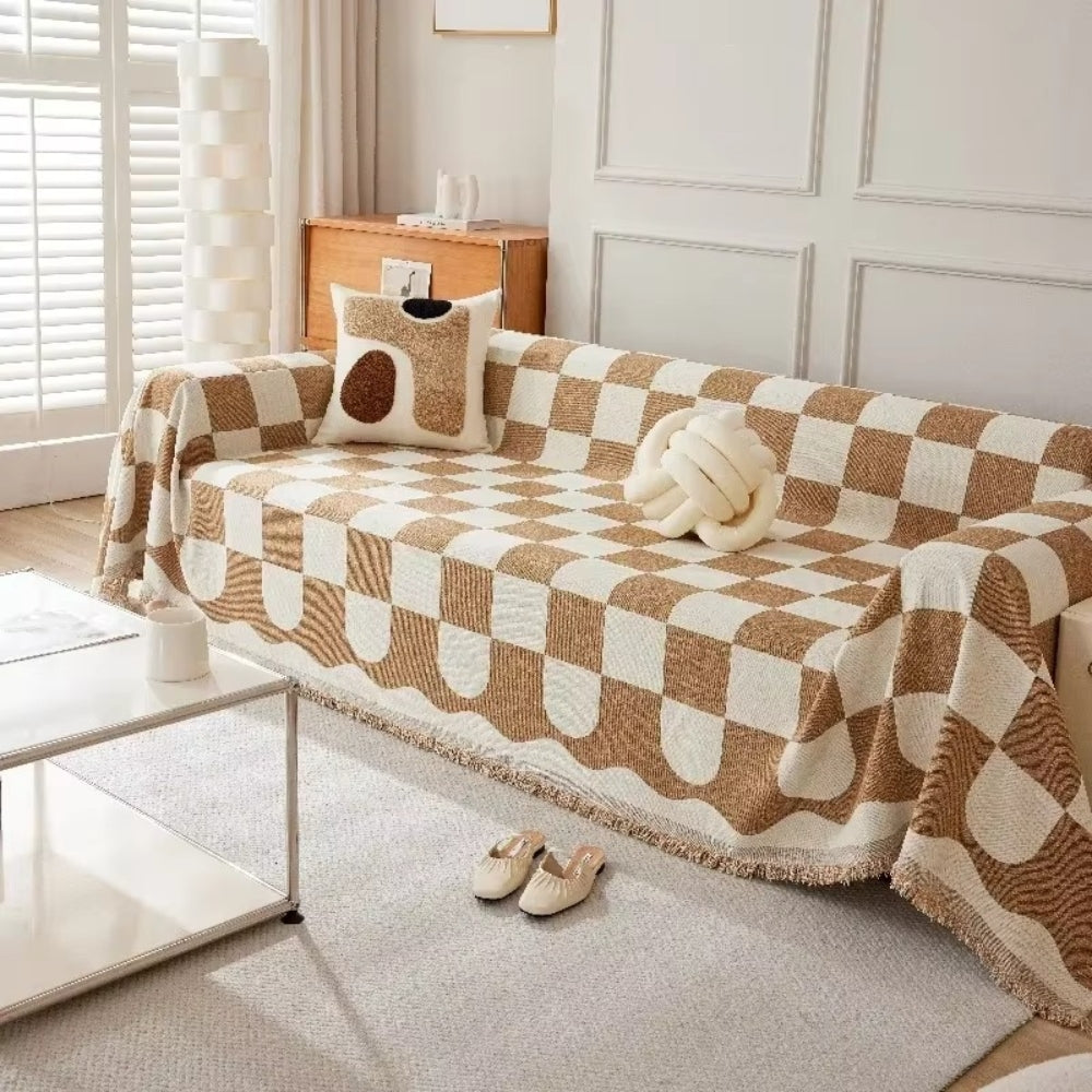 Chess Board Chic Tasseled Sofa Cover
