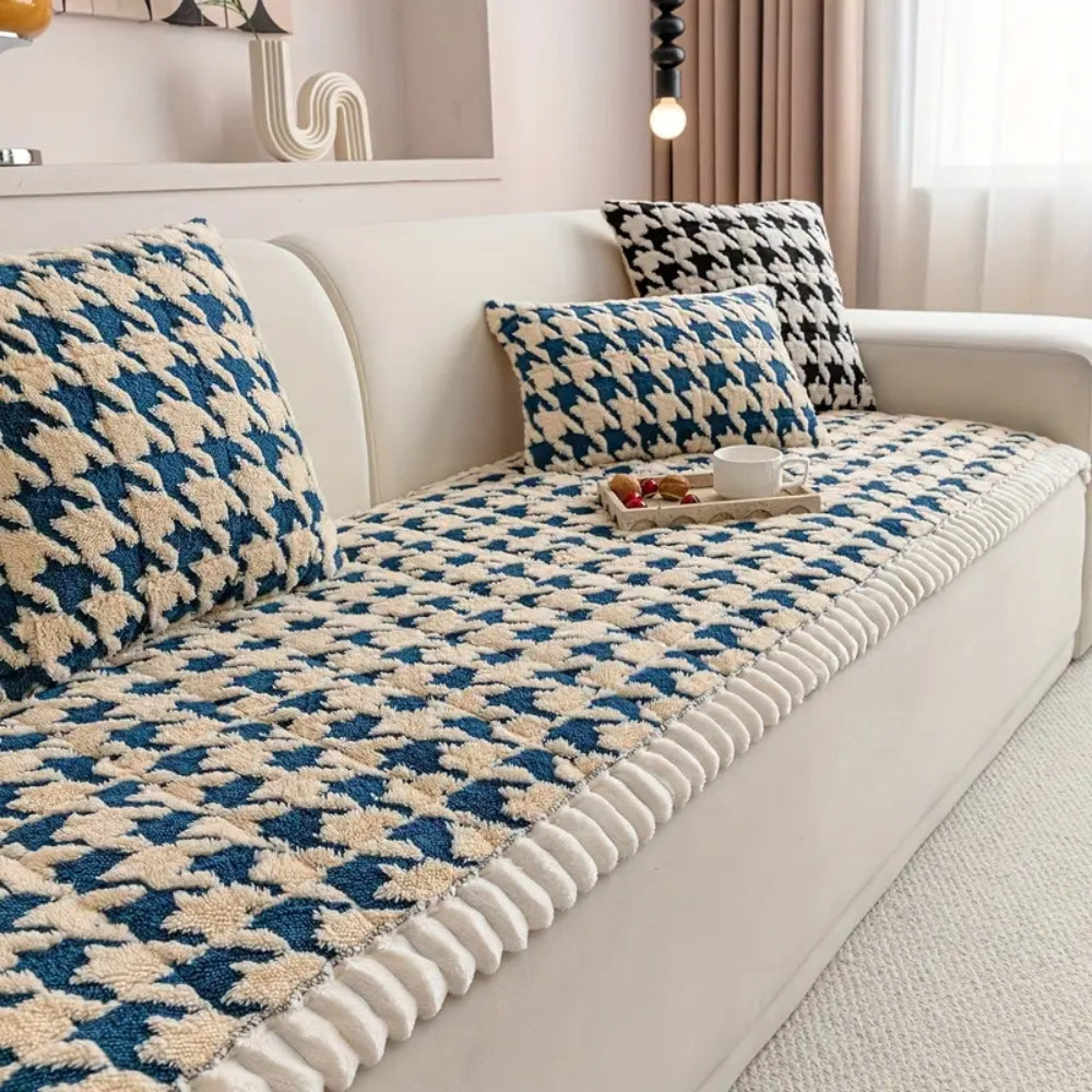Colourful Plush Houndstooth Sofa Cover and Cushion Cover