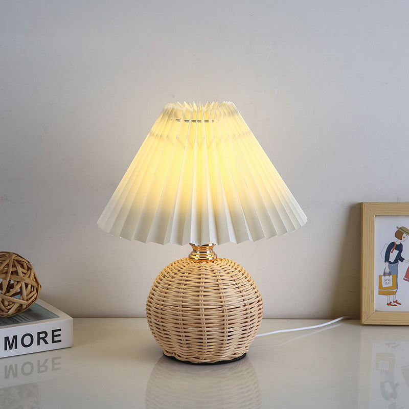 Pleated Fabric Conic LED 1-Light Nordic Rattan Table Lamp