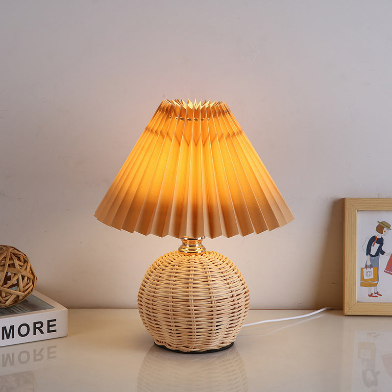 Pleated Fabric Conic LED 1-Light Nordic Rattan Table Lamp